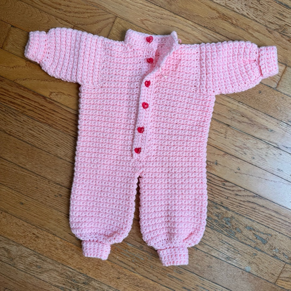 Handmade Crocheted Knit Pink Heart Button Down Baby‎ One Piece 6 Months Cottage